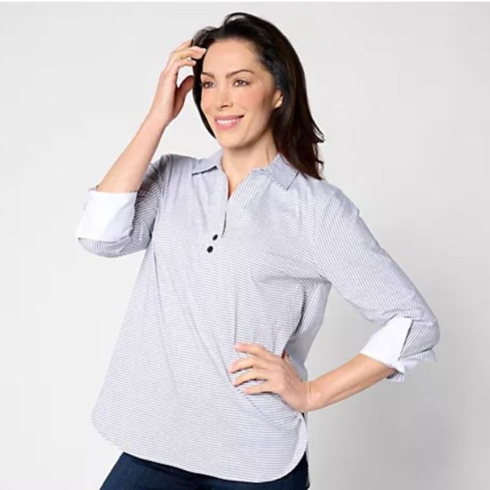Joan Rivers Striped 3/4-Sleeve Button-Back Popover Shirt-Black-Large